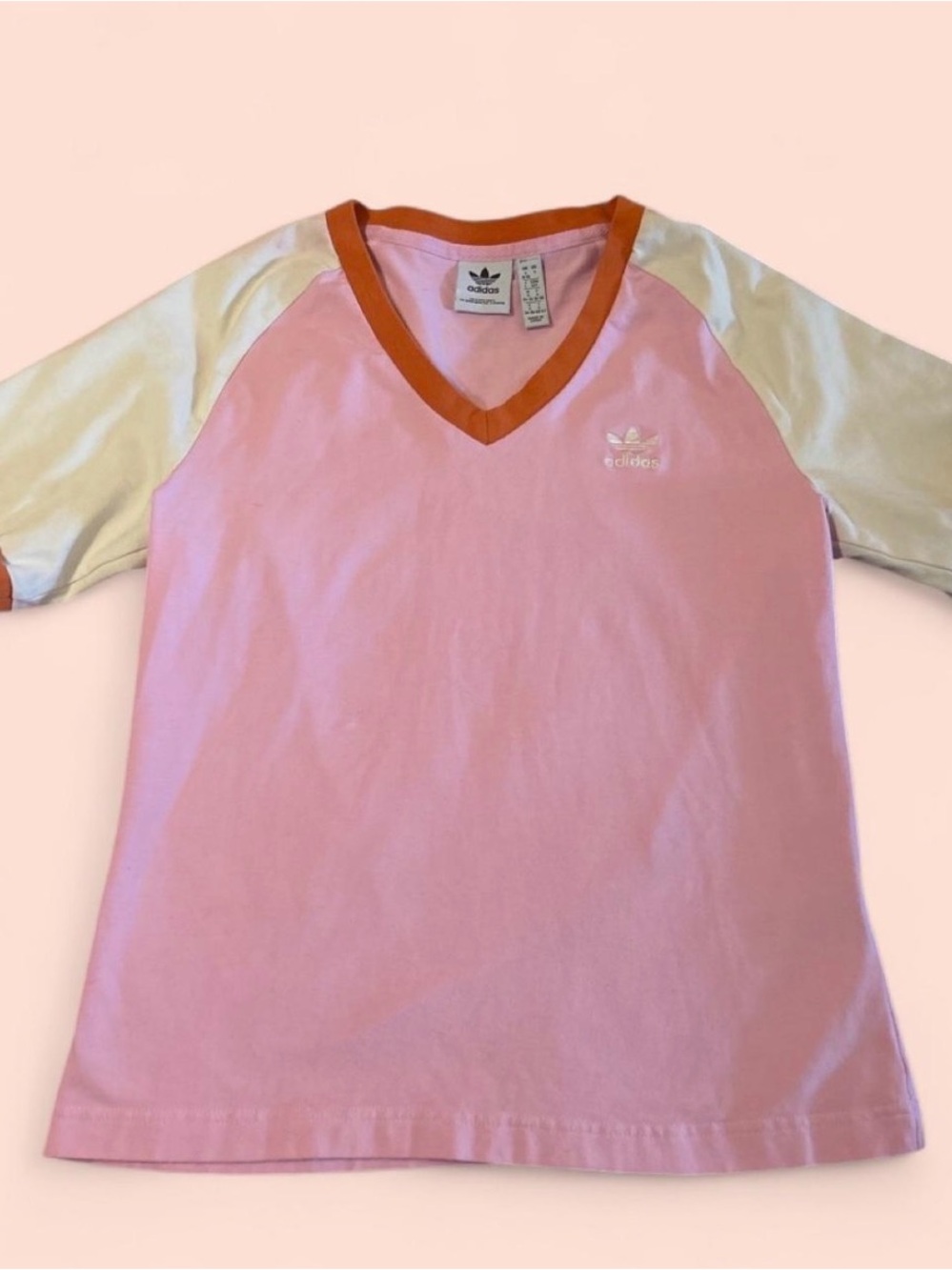 Adidas Pink V-Neck Raglan Tee with Orange Trim